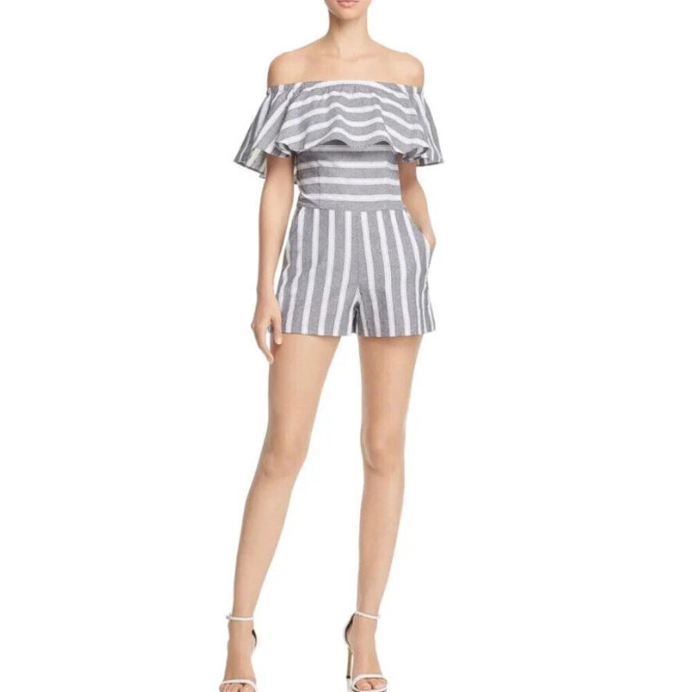 Aqua Womens Romper Large Gray White Stripe 100% Cotton Off-Shoulder Drape NWOT